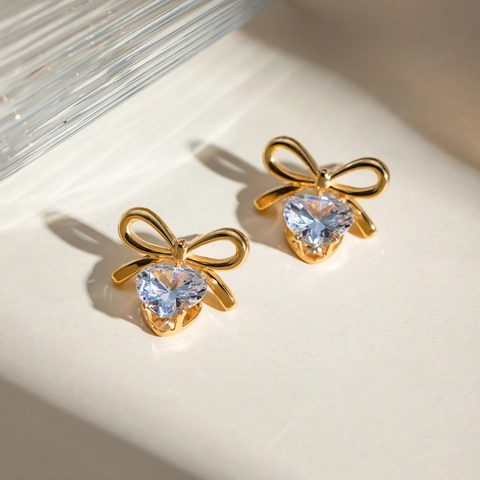 Pendientes De Acero Inoxidable Con Lazo Corazón Oro Chapado Circonita Blanca Joyería Estilo INS Para Mujeres