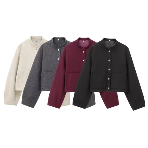 Dames Kort Wollen Jasje Geknoopt Crop Mantel Met Opgestikte Zakken Lange Mouwen Ronde Hals Casual Bovenkleding