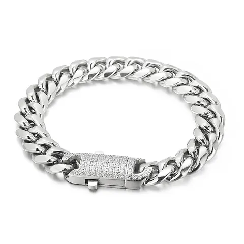 Stainless Steel Cuban Link Chain Necklace Bracelet Iced Out Rhinestone Clasp Hip Hop Streetwear Jewelry Men