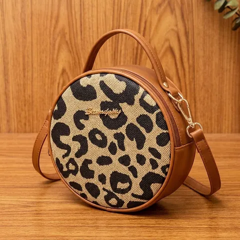 Women Leopard Print Round Crossbody Bag Retro PU Leather Trim Circle Shoulder Handbag Street Style Versatile For Ladies