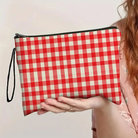 Borsa Trucco A Quadretti Tela Lino Pochette Cosmetici Portatile Viaggio Organizer Con Cerniera Cinturino Moda Donne