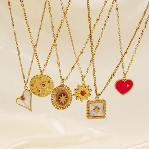 Collana Con Ciondolo In Acciaio Al Titanio Placcato Oro Conchiglia Bianca Agata Rossa Bussola Stella Cuore Gioielli Vintage