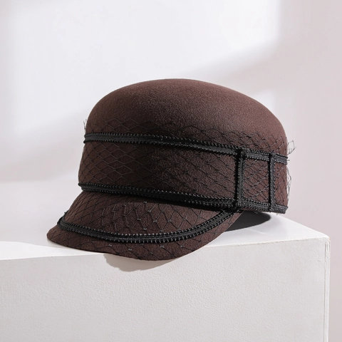 Elegant Women Wool Felt Newsboy Cap With Mesh Veil Vintage French Style Autumn Winter Warm Solid Color Beret Fedora Hat