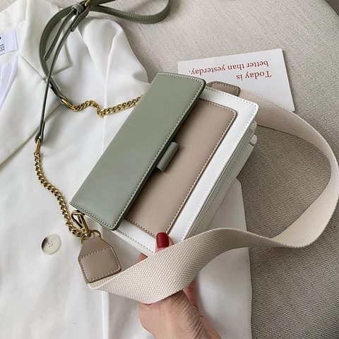 Fashion Women Contrast Color PU Leather Crossbody Bag Small Square Flap Shoulder Handbag With Wide Strap And Metal Chain