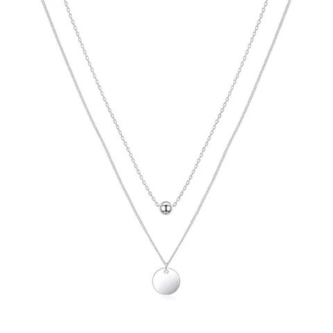925 Sterling Silver Double Layer Necklace For Women Minimalist Circular Disc And Bead Pendant Geometric Clavicle Chain