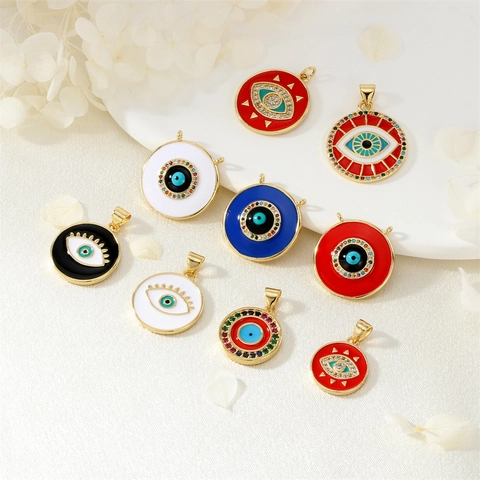 Evil Eye Charms Rund Emaille Kupfer Vergoldet Mikro Eingelegter Zirkon DIY Schmuckherstellung Anhänger