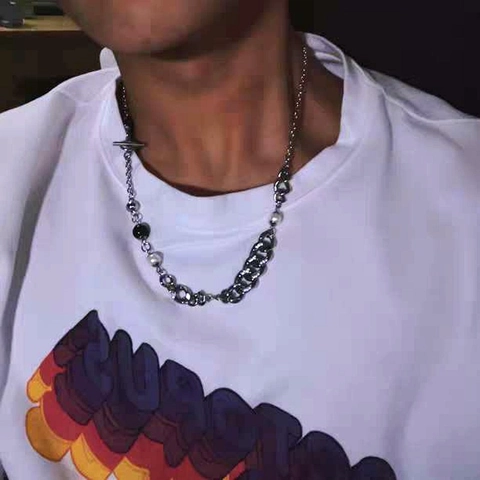 Titanium Steel Necklace With Artificial Pearl Black Agate And Rhinestone Cuban Chain Patchwork OT Buckle Hip Hop Jewelry For Men Women