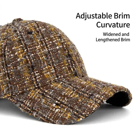 Women Tweed Baseball Cap Autumn Winter Warm Adjustable Retro British Style Checkered Bow Print Outdoor Casual Curved Brim