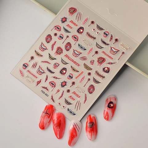 Halloween Nagelstickers 5D Reliëf Horror Bloed Mond Tanden Ontwerpen Waterdicht DIY Zelfklevende Decals Voor Vrouwen