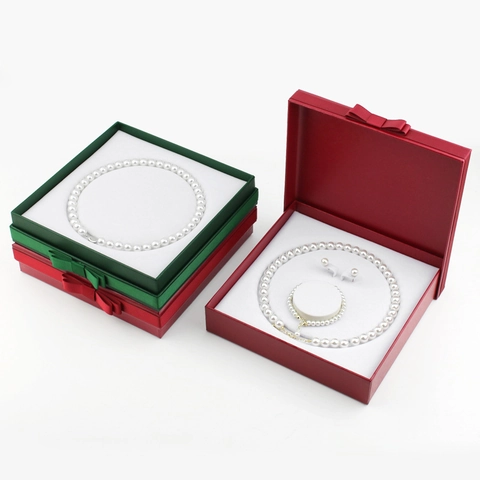 Elegant Jewelry Gift Box With Ribbon Bow For Artificial Pearl Necklace Storage Velvet Lining Cardboard Packaging Case