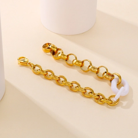 Mixed Color Chunky Chain Bracelet Stainless Steel Resin Stitching Retro Geometric Chic Jewelry For Women