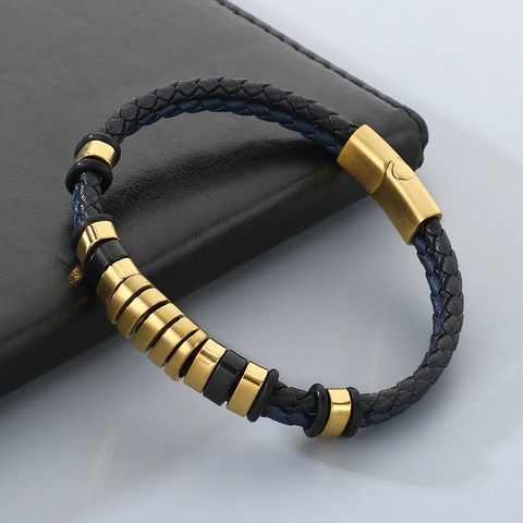 Pulsera De Cuero Genuino Trenzado Para Hombre Con Anillos De Acero Inoxidable Joyería Punk Vintage