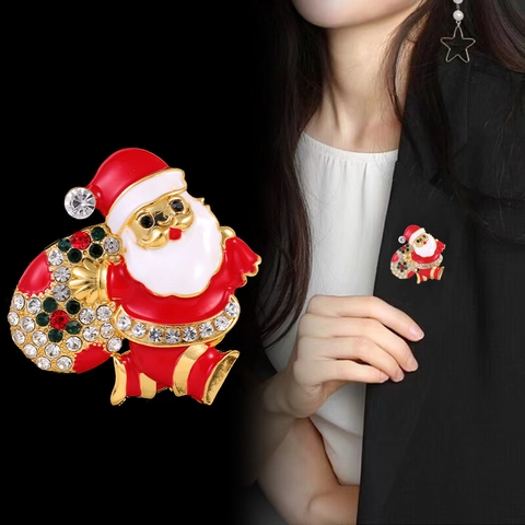 Vintage Zinc Alloy Enamel Santa Claus Brooch Pin Colorful Rhinestone Festive Christmas Party Women Clothing Accessories