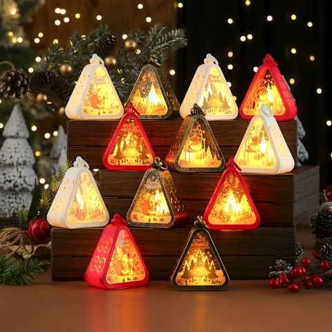 Weihnachten LED Laterne Tragbare Retro Nachtlicht PC Glas Warmes Licht Schreibtisch Fenster Festliche Dekoration Dreieck Vintage