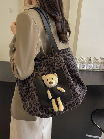 Leopard Muster Canvas Tote Bag Mit 3D Plüschbär Große Kapazität Reißverschluss Schulter Handtasche Damen Casual Trendy