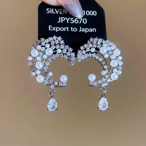 Mond Künstliche Perlen Tropfenohrringe Mit 925 Sterling Silber Stecker Zirkon Eingelegt Französisch Elegant Vintage Schmuck Für Damen