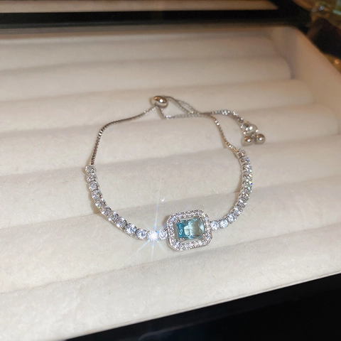 Elegante Bracciale In Rame Da Donna Con Zircone Blu Chiaro Tono Argento Regolabile Gioiello Tennis