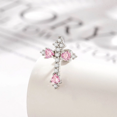 Piercing D'oreille Cartilage Croix Cuivre Acier Titane Zircon Cœur Fermoir À Vis Bijoux Pour Femmes