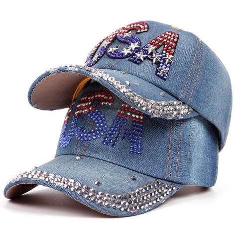 Washed Denim Baseball Cap USA Rhinestone Studded Distressed Vintage American Style Sun Hat Adjustable Outdoor Casual Fashion Cap
