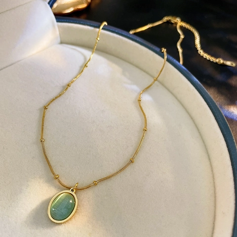 Groene Kattenoogsteen Ovalen Hanger Ketting Roestvrij Staal Verguld Kralenketting Minimalistische Vintage Sieraden Voor Dames