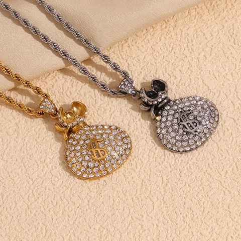 Hip Hop Geldzak Hanger Ketting Roestvrij Staal 18K Verguld Iced Out Strass Dollar Teken Twist Ketting Sieraden Voor Heren