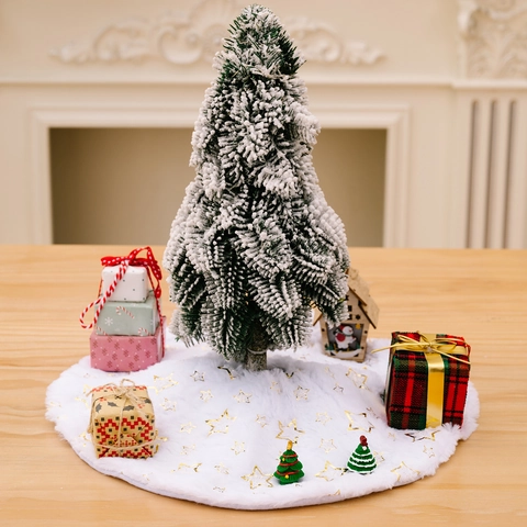 Jupe De Sapin De Noël Peluche Blanche Fausse Fourrure Paillettes Or Argent Flocons Neige Étoiles Mini Ronde Décoration