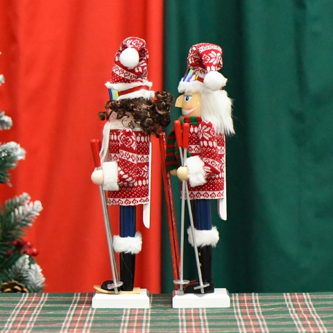Casse-Noisette De Noël Figurines De Ski En Bois Garçon Et Fille Pull En Tricot Soldat En Fausse Fourrure Décoration De Table
