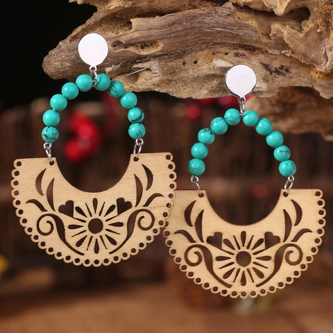 Bohemian Western Wooden Drop Earrings With Faux Turquoise Beads Hollow Geometric Pattern Retro Ethnic Style Women