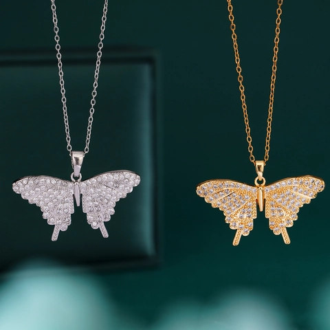 Schmetterling Anhänger Halskette Kupfer 18K Vergoldet Voll Zirkon Strass Einlage Hip Hop Mode Für Herren Damen