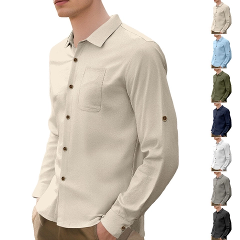 Casual Heren Overhemd Linnenmix Lange Mouwen Knoopsluiting Effen Kleur Getextureerd Zak Licht Ademend Mode Top