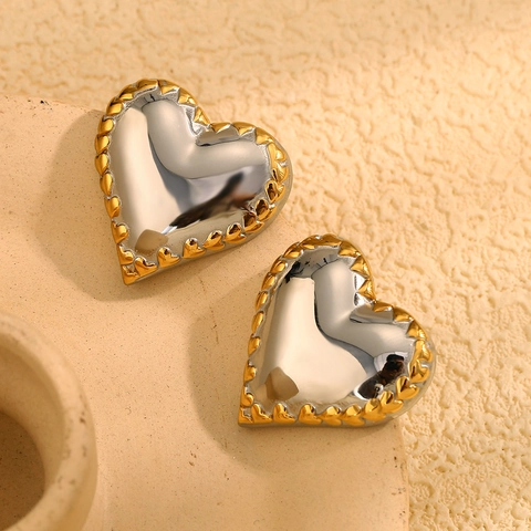 Orecchini A Lobo A Cuore In Acciaio Inossidabile Placcato Oro 18K Bicolore Bordo Strutturato Gioielli Di Moda Per Donne
