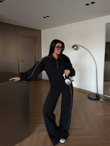 Women Cotton Zip Hoodie And Wide Leg Pants Side Stripe Half Zip Sporty Casual Long Sleeve Sweatshirt Joggers Streetwear