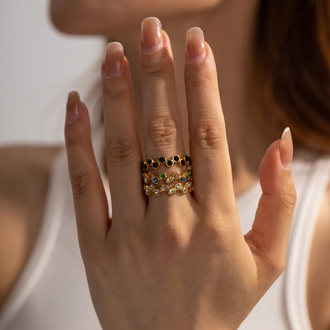 Wellenförmiger Offener Ring Edelstahl 18K Vergoldet Zirkon Eingelegt Modeschmuck Für Frauen Geometrischer Individueller Stil