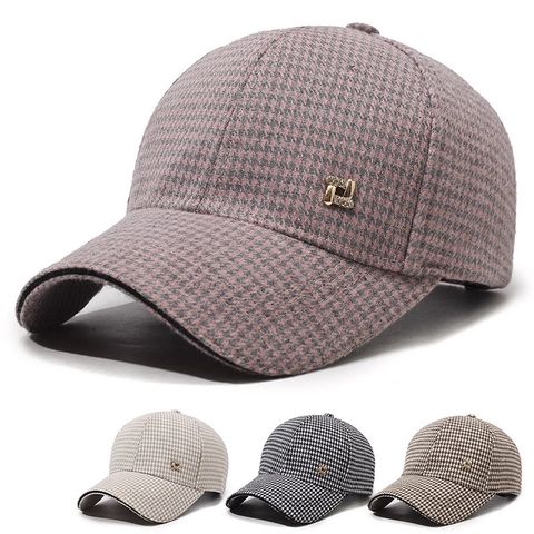Houndstooth Woolen Baseball Cap Warm Windproof Adjustable Vintage Plaid Peaked Hat Rhinestone Metal Buckle Casual For Women