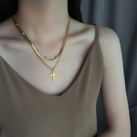 Collana A Triplo Strato Con Pendente A Croce Acciaio Inossidabile Placcato Oro Gioielli Di Moda Per Donna