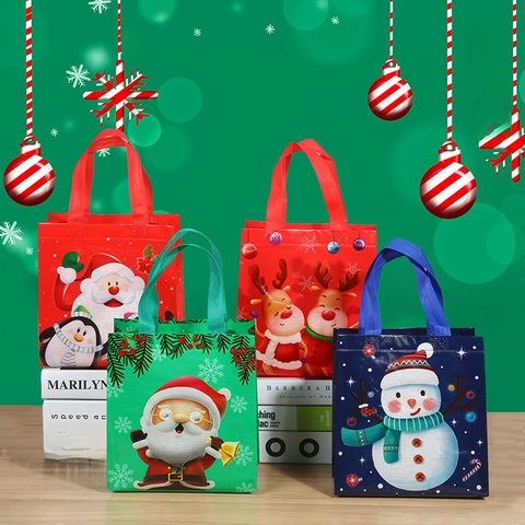Christmas Gift Bags Laminated Nonwoven Tote With Handles Reusable Santa Snowman Reindeer Holiday Party Favors Shopping Storage