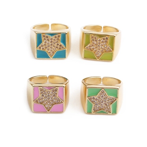 Anillo Abierto Cuadrado Patrón Estrella Cobre Micro Incrustaciones Circón Esmalte Color Joyería De Moda Ajustable Mujer