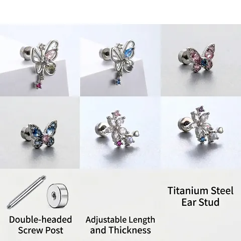 Butterfly Flower Titanium Steel Earring Studs With Zirconia Double Headed Screw Cartilage Piercing Jewelry For Women