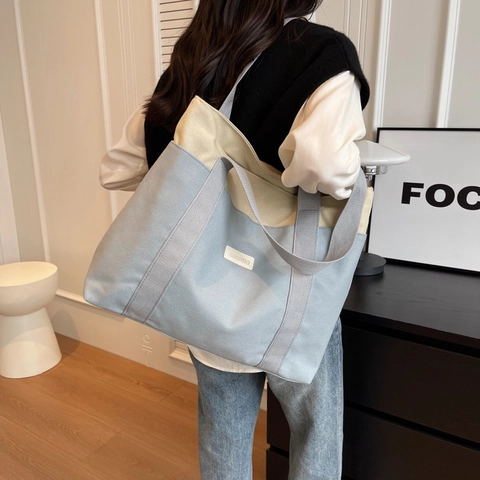 Women Canvas Tote Bag Large Capacity Patchwork Color Block Casual School Shoulder Handbag Korean Style Zipper Pocket