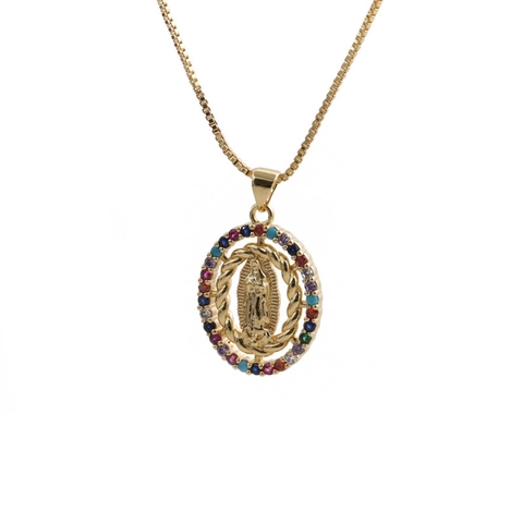 Virgin Mary Hamsa Hand Anhänger Halskette Kupfer Vergoldet Religiöser Schmuck Bunter Zirkonia Für Damen Boxkette