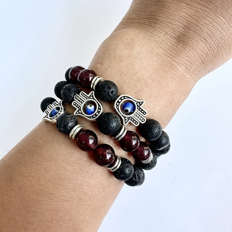 Hamsa Hand Böser Blick Natürlicher Schwarzer Lavastein Rote Perlen Legierung Elastisches Armband Schmuck Für Frauen