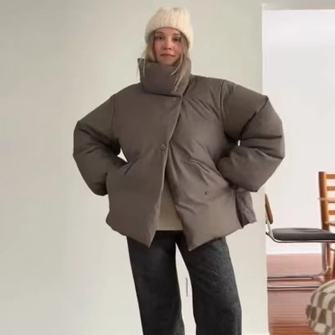 Women Puffer Jacket Stand Collar Short Loose Fit Polyester Padded Casual Warm Solid Color Outerwear