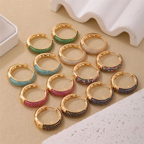 Pendientes De Aro De Cobre Bañados En Oro Micro Pavé Circonita Cúbica Colorida Redondo Geométrico Corazón Joyería De Moda