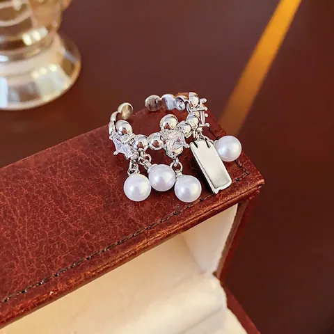 Elegante Anello Aperto Con Pendente In Perla Artificial E Zircone Quadrato Da Donna Gioielli Di Moda In Rame Regolabili
