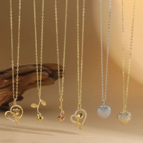 Vintage Romantic Rose Heart Pendant Necklace For Women Copper Zirconia Inlaid Gold Silver Plated Clavicle Chain Jewelry