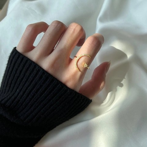 Anillo Abierto Ajustable De Estrella Y Luna Plata De Ley 925 Circonita Cúbica Joyería Minimalista Para Mujer