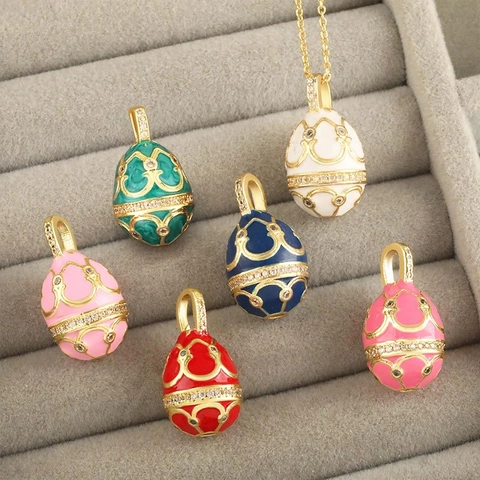 Russian Style Egg Pendant Necklace Enamel Copper Gold Plated Stainless Steel Chain Openable Zircon Jewelry For Women