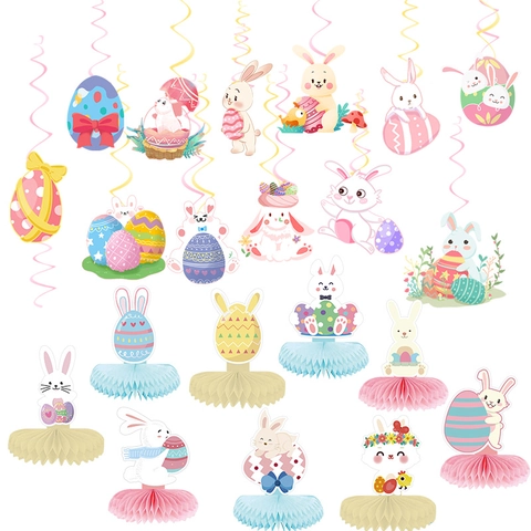 Forniture Per Decorazioni Di Feste Di Pasqua Coniglio Cartone Animato Uovo Carta PVC Riccioli Appesi Centrotavola A Nido D'Ape Banner Decorazioni Per Torte Colorato