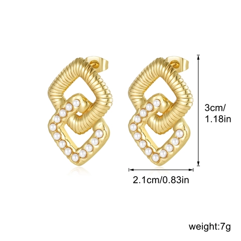 Pendientes Geométricos De Doble Cuadrado Entrelazado Acero Inoxidable Chapado En Oro Con Perla Artificial Joyería De Moda Para Mujer Elegante