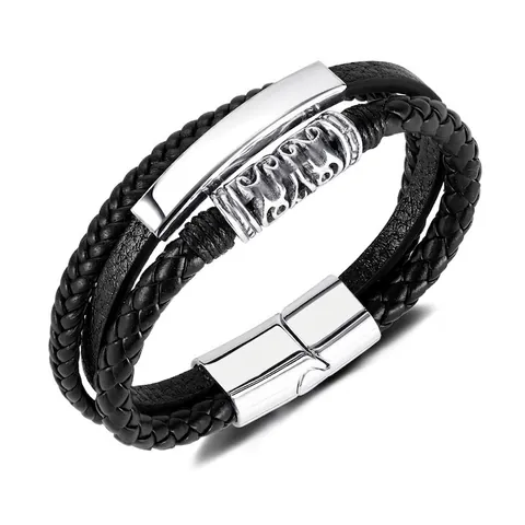 Pulsera De Cuero Trenzado Multicapa Para Hombre Con Cierre Magnético De Acero Inoxidable Joyería Retro